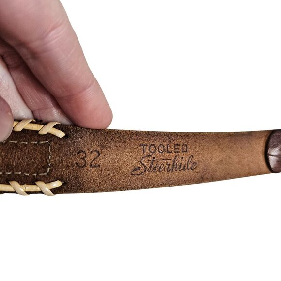 Vintage Tooled Steerhide Leather Belt With Beaded Design Metal Buckle 32" - Picture 4 of 7